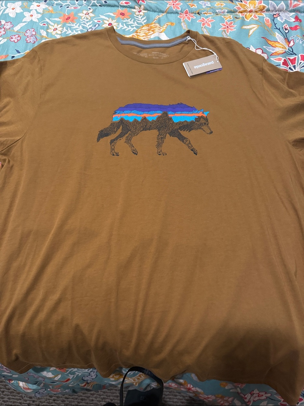 Patagonia Brown Short-Sleeve Tee with Blue & Purple Wolf Graphic